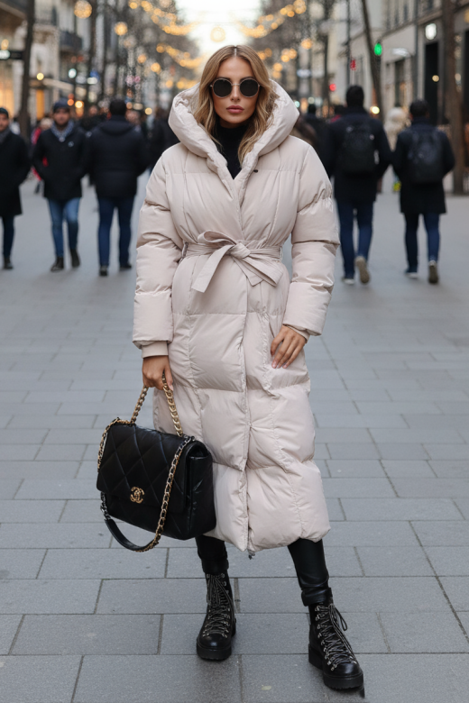 Dam Vinterjacka lång ljus Oversized med luva i Creme