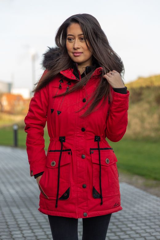 Dame Vinter jakke med sort pels - Kugel Rød