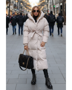 Dam Vinterjacka lång ljus Oversized med luva i Creme