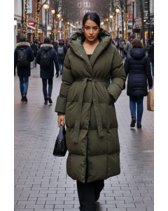 Dam Vinterjacka lång ljus Oversized med luva i Olive