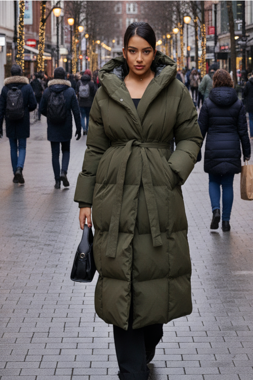 Dam Vinterjacka lång ljus Oversized med luva i Olive